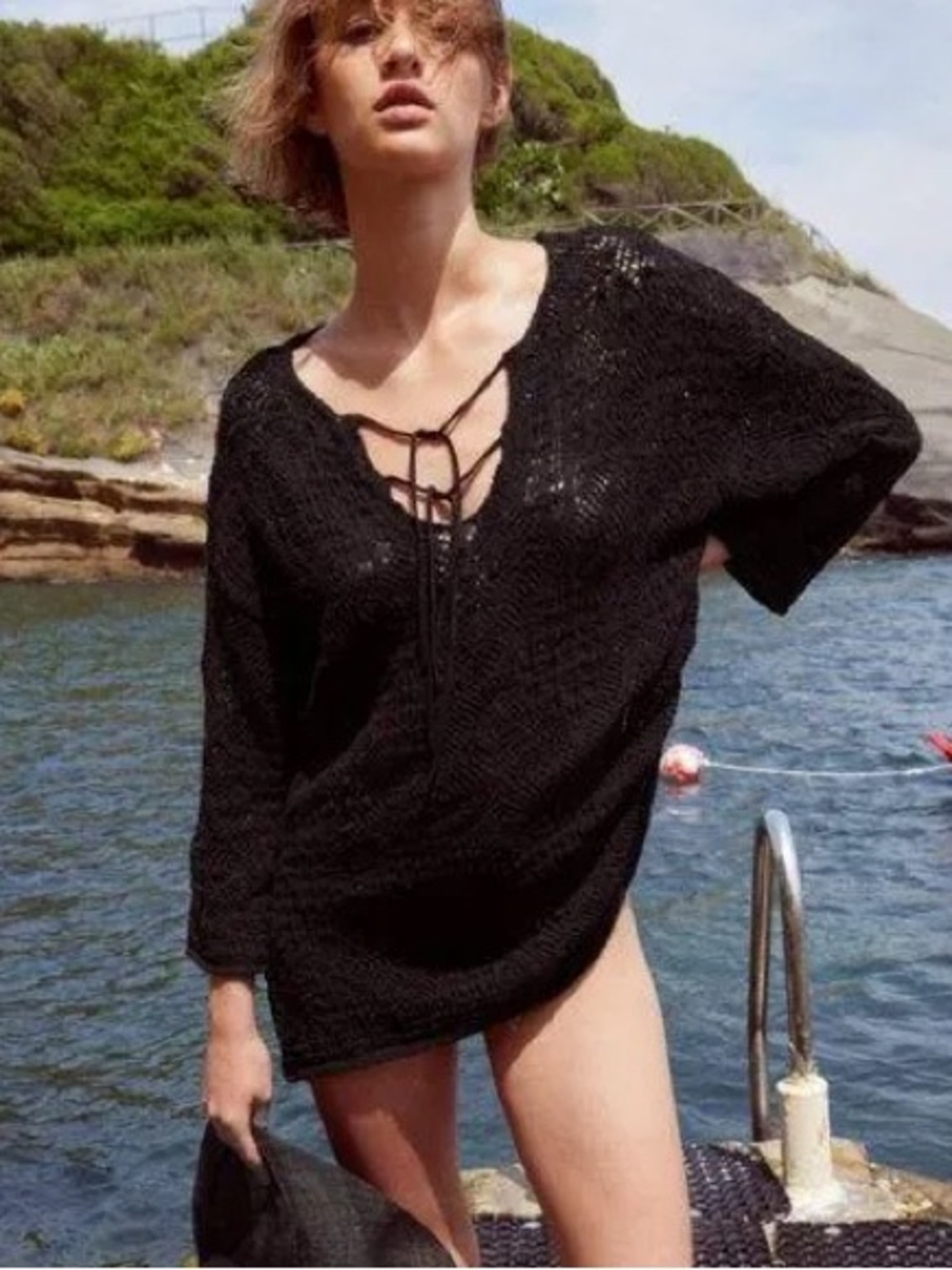 Zara Black Lace-Up Knit Beach Coverup Medium